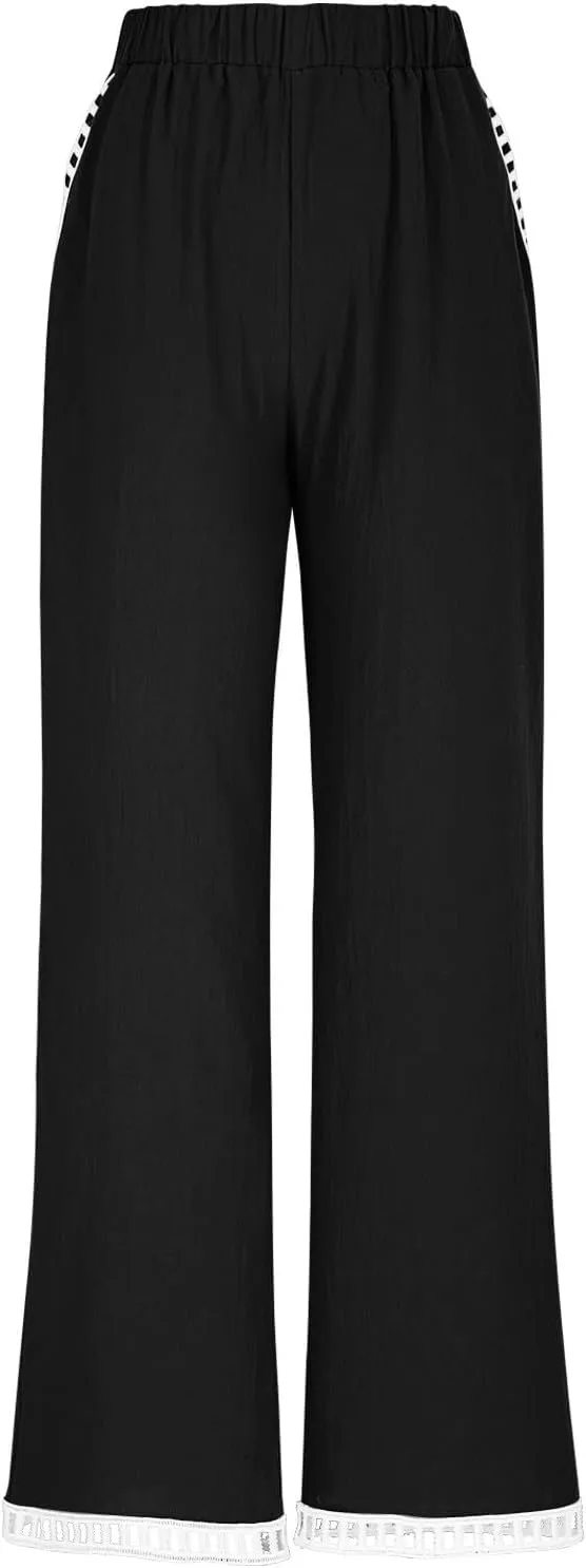 2025 Womens Capri Lace Linen Pants, Casual Summer Drawstring Elastic High Waist Pant Straight Cropped Trouser