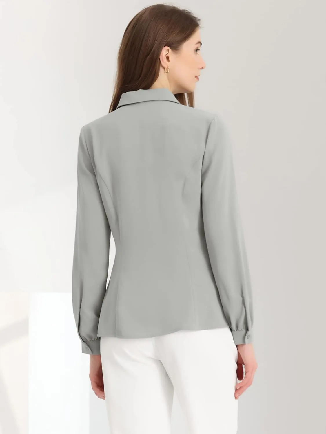 Allegra K Women's Button Up Shirt Business Casual Career Peter Pan Collar Long Bishop Sleeve Blouse