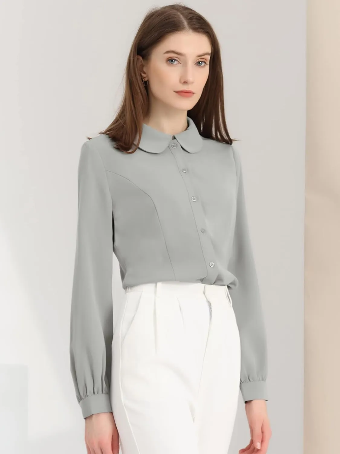 Allegra K Women's Button Up Shirt Business Casual Career Peter Pan Collar Long Bishop Sleeve Blouse