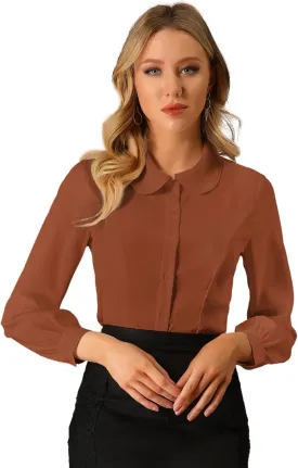 Allegra K Women's Button Up Shirt Business Casual Career Peter Pan Collar Long Bishop Sleeve Blouse
