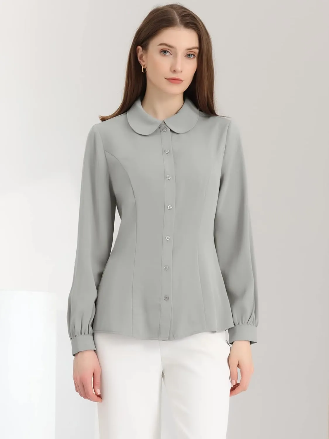 Allegra K Women's Button Up Shirt Business Casual Career Peter Pan Collar Long Bishop Sleeve Blouse