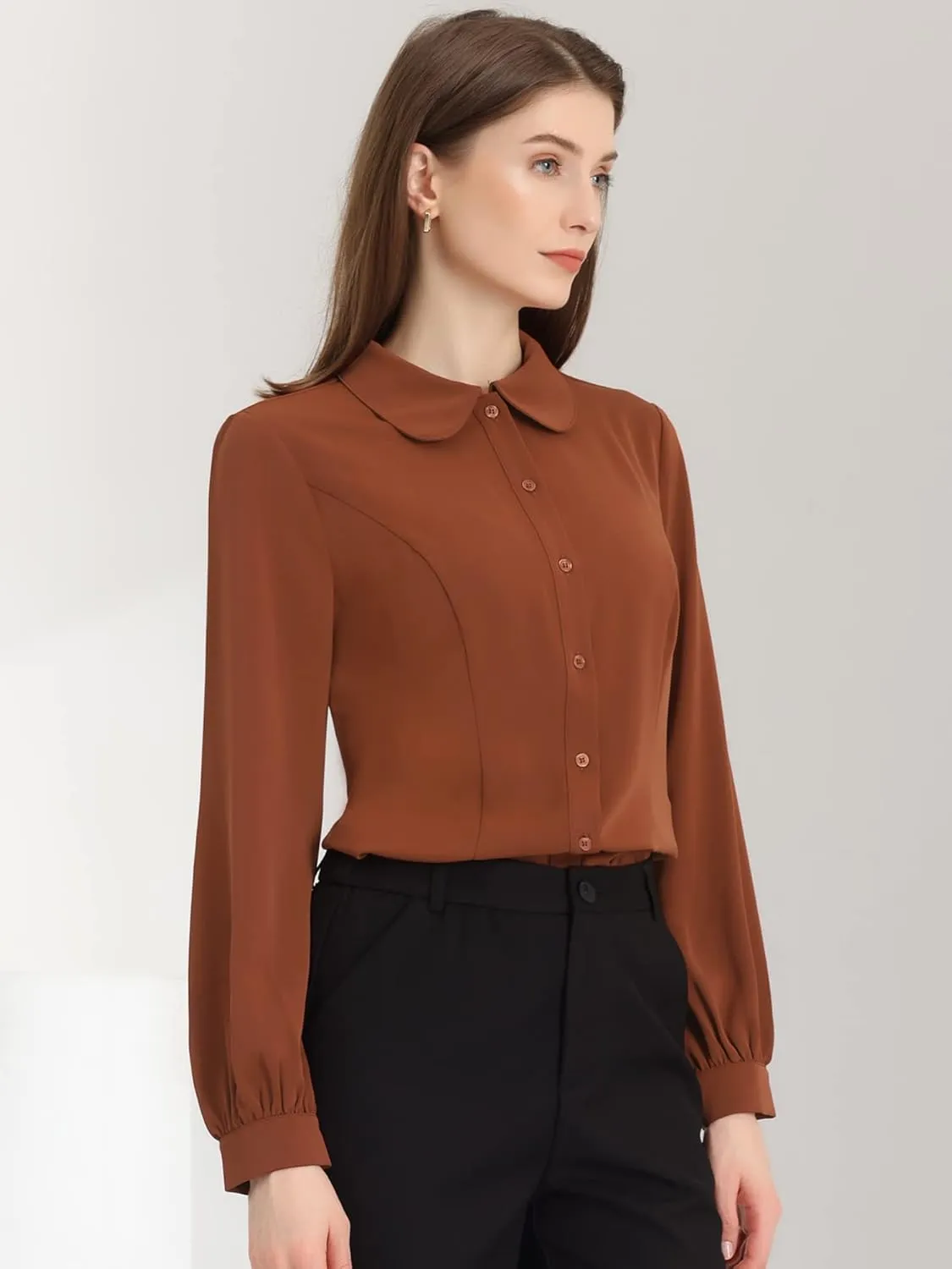 Allegra K Women's Button Up Shirt Business Casual Career Peter Pan Collar Long Bishop Sleeve Blouse