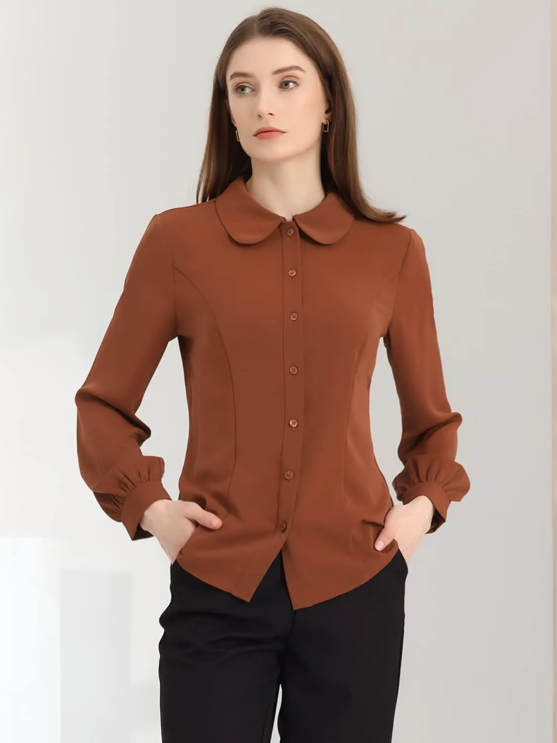 Allegra K Women's Button Up Shirt Business Casual Career Peter Pan Collar Long Bishop Sleeve Blouse