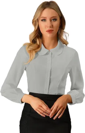Allegra K Women's Button Up Shirt Business Casual Career Peter Pan Collar Long Bishop Sleeve Blouse
