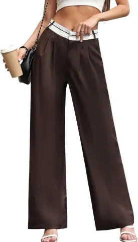 ALSOGO Women's Wide Leg Pants High Waisted Business Office Casual Dressy Pants Flowy Trousers with Pockets