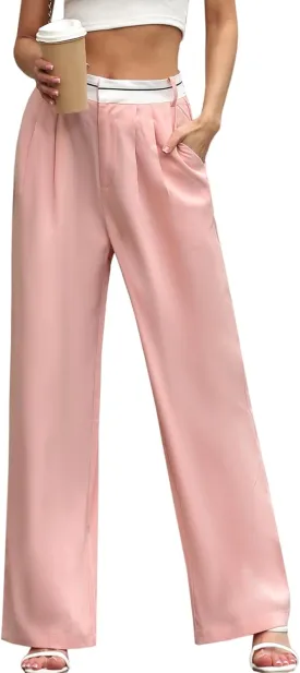 ALSOGO Women's Wide Leg Pants High Waisted Business Office Casual Dressy Pants Flowy Trousers with Pockets