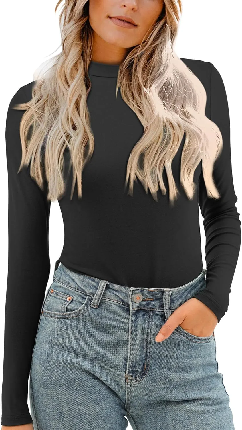 Amoretu Womens Mock Turtleneck Tops Long Sleeve Fitted Shirt Business Casual Work Blouses