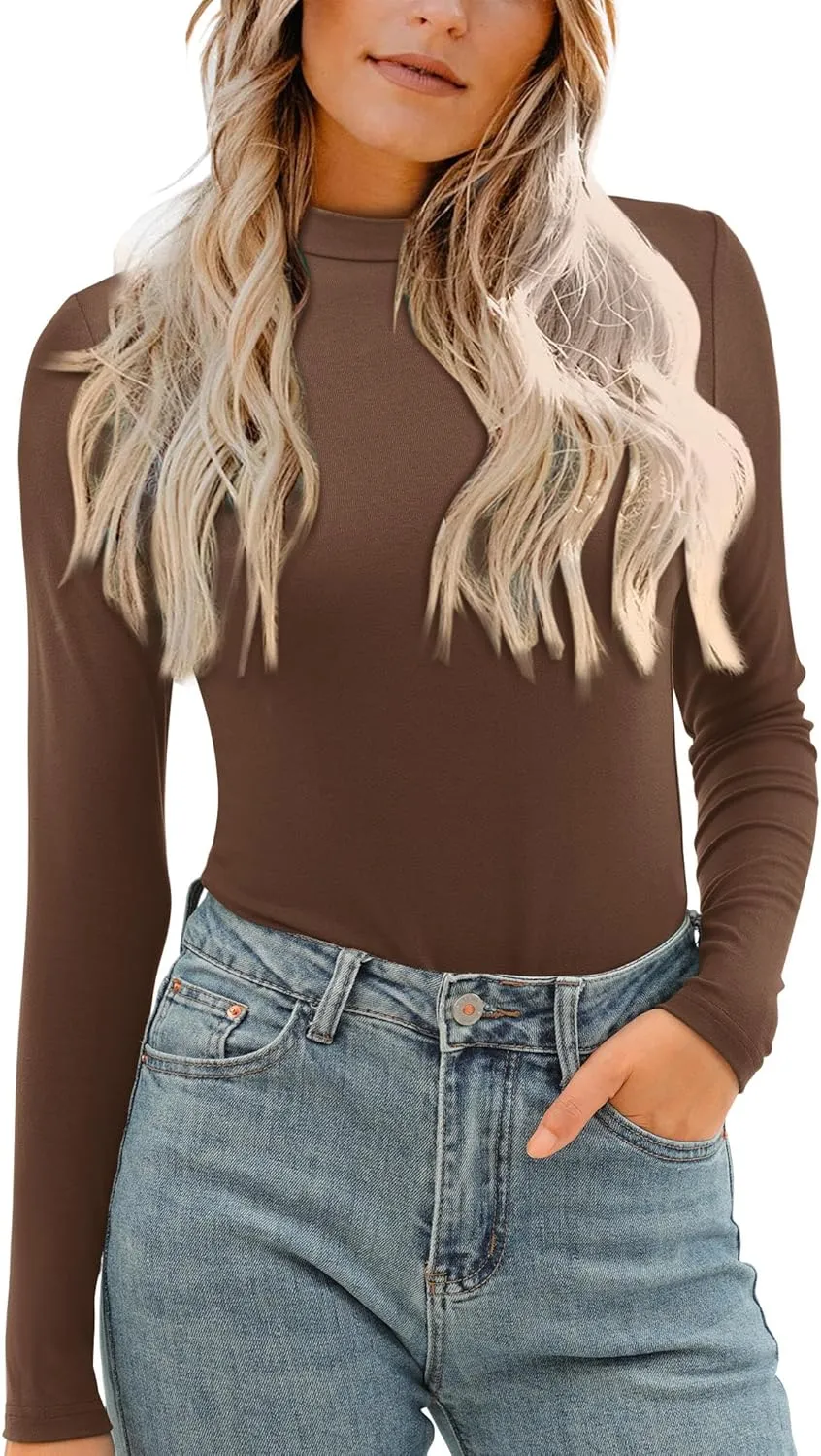Amoretu Womens Mock Turtleneck Tops Long Sleeve Fitted Shirt Business Casual Work Blouses