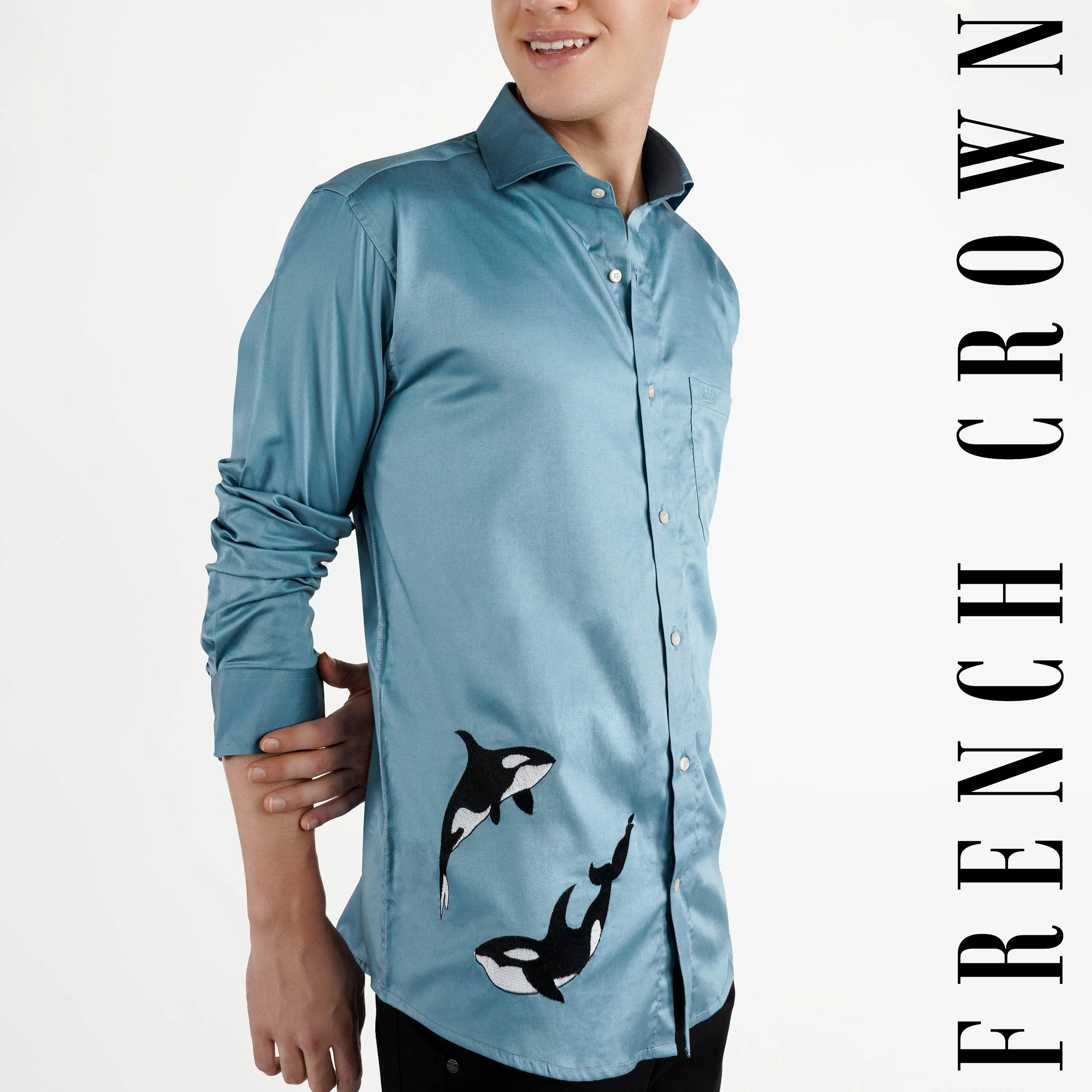 Bluish Cyan Blue with Dolphin Embroidered Super Soft Premium Cotton Designer Shirt