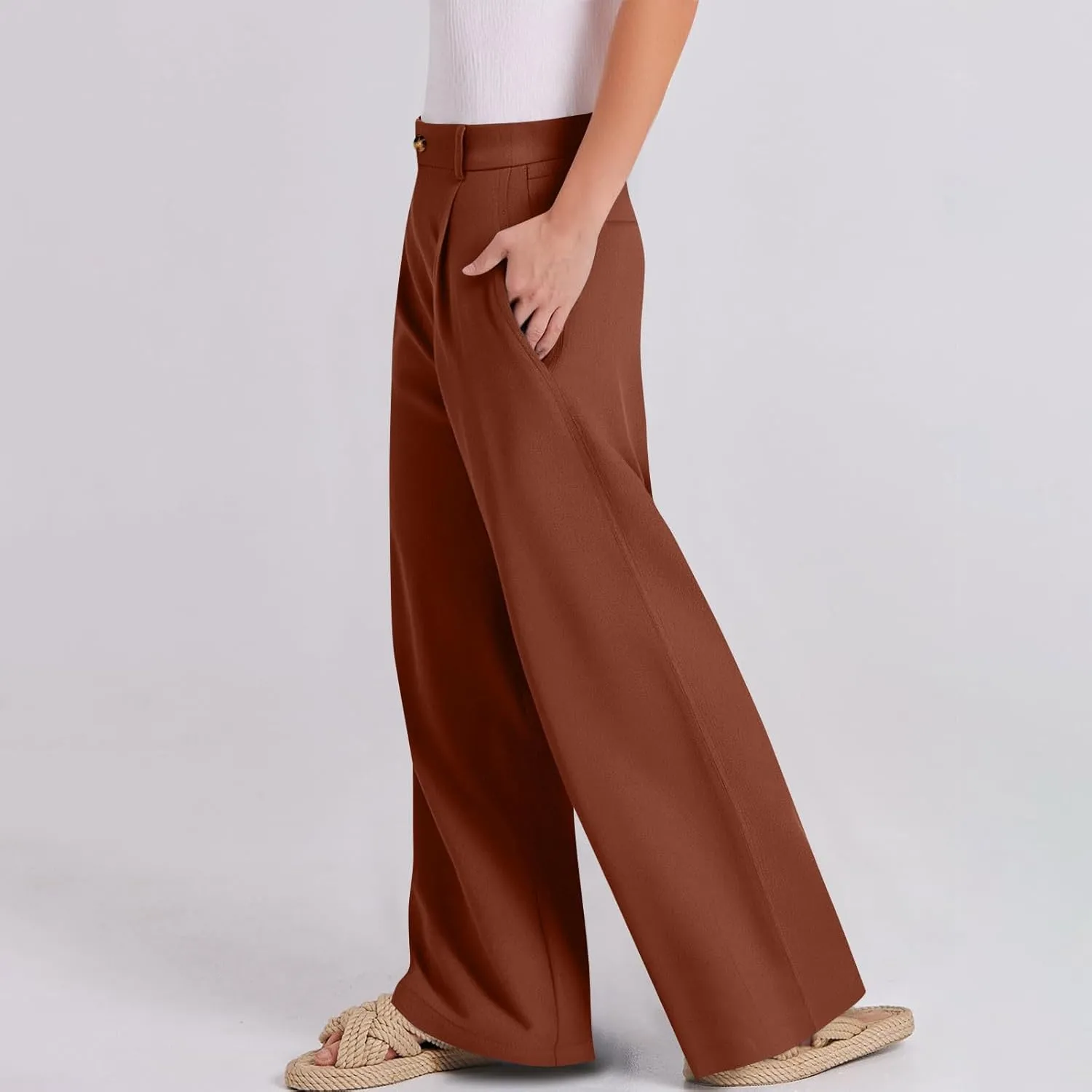 Casual Suit Pants for Women Button Stretch High Waisted Pant Dressy Baggy Solid Color Straight Leg Trousers for Work