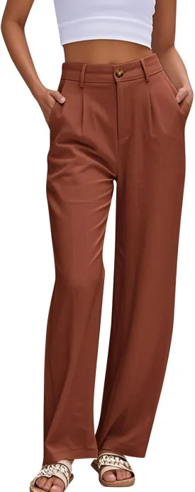 Casual Suit Pants for Women Button Stretch High Waisted Pant Dressy Baggy Solid Color Straight Leg Trousers for Work