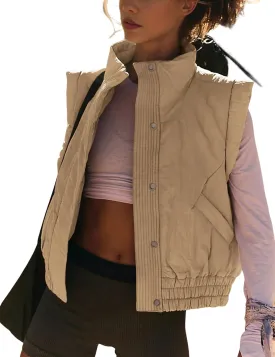 Cropped Puffer Vest for Women Winter Button Down Sleeveless Light Jacket Stand Collar Gilet with Pockets