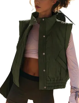 Cropped Puffer Vest for Women Winter Button Down Sleeveless Light Jacket Stand Collar Gilet with Pockets