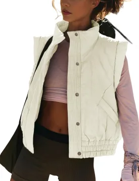 Cropped Puffer Vest for Women Winter Button Down Sleeveless Light Jacket Stand Collar Gilet with Pockets