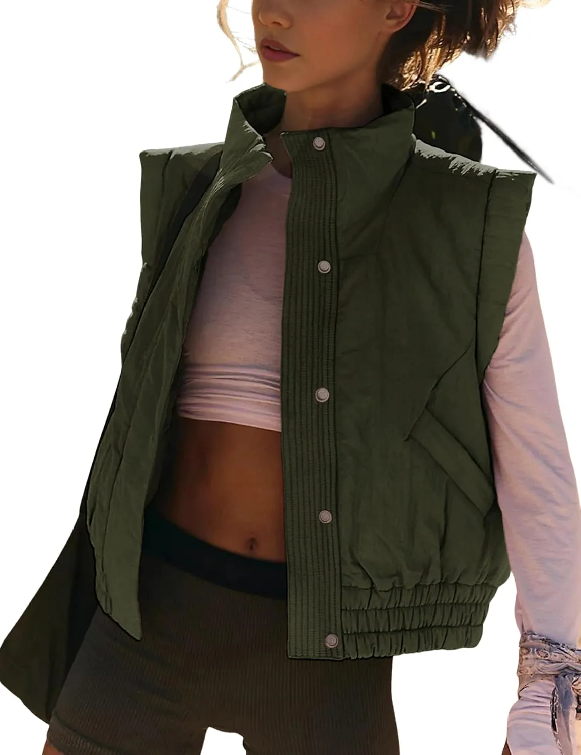 Cropped Puffer Vest for Women Winter Button Down Sleeveless Light Jacket Stand Collar Gilet with Pockets