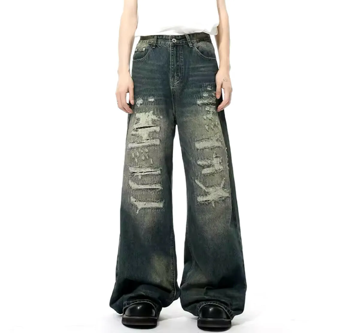 Distressed Navy Desert Wash Baggy Jeans