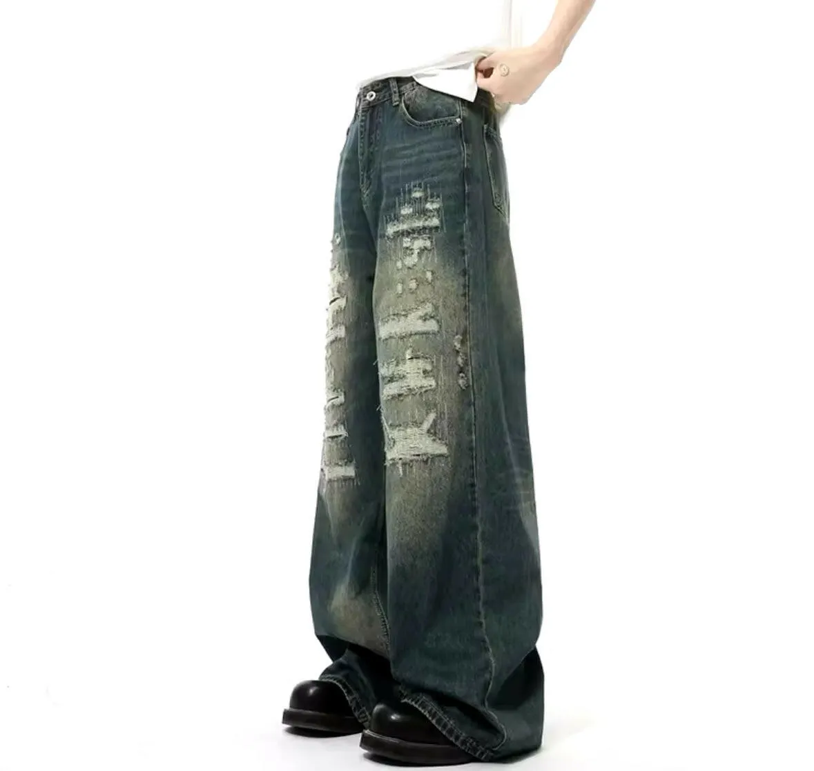 Distressed Navy Desert Wash Baggy Jeans