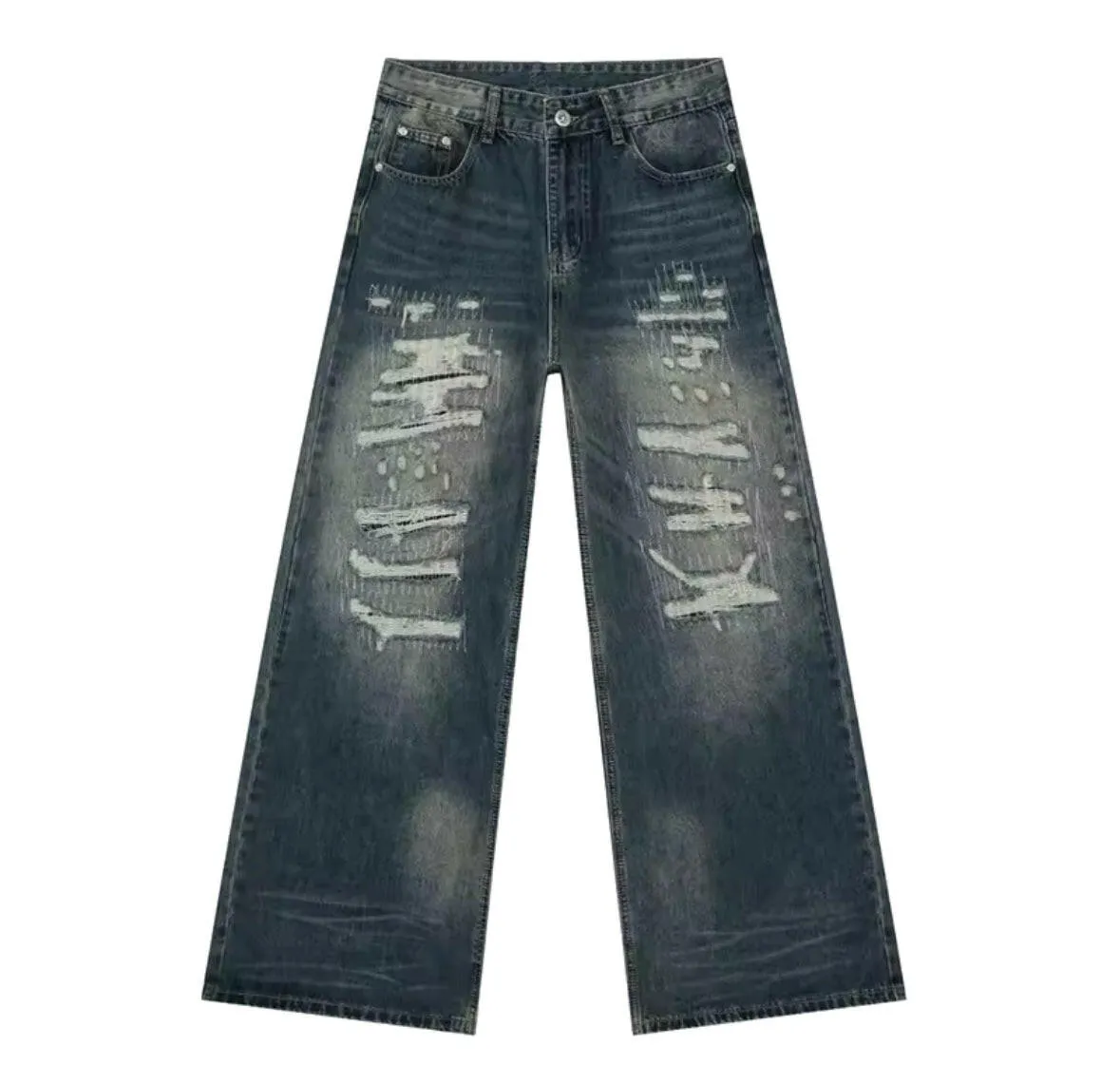 Distressed Navy Desert Wash Baggy Jeans