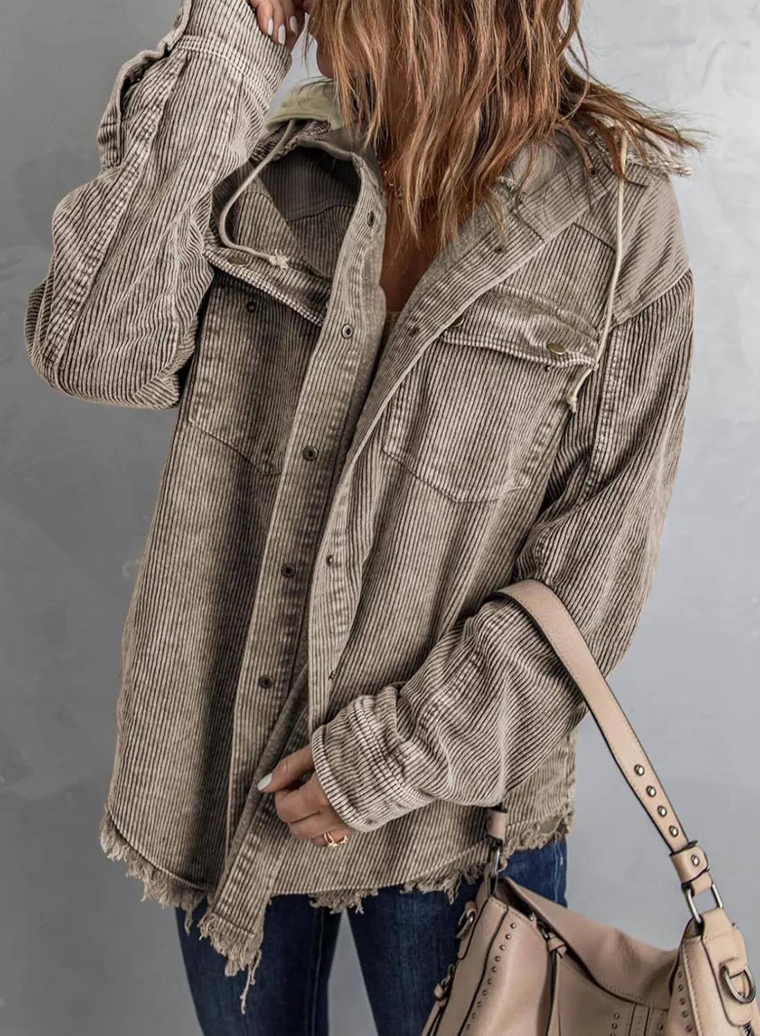 Dokotoo Womens 2024 Fall Corduroy Shacket Jacket Long Sleeve Button Down Color Block Hooded Coat with Pockets