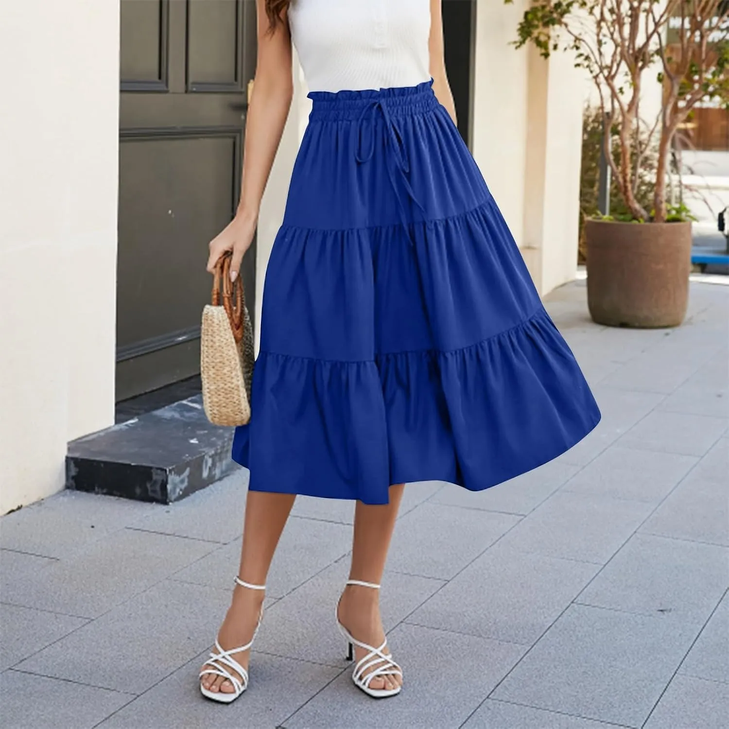 Floral Midi Skirts for Women Casual Swing Tiered A-Line Flowy Long Skirt Loose Comfy Elastic High Waisted Y2k Skirts