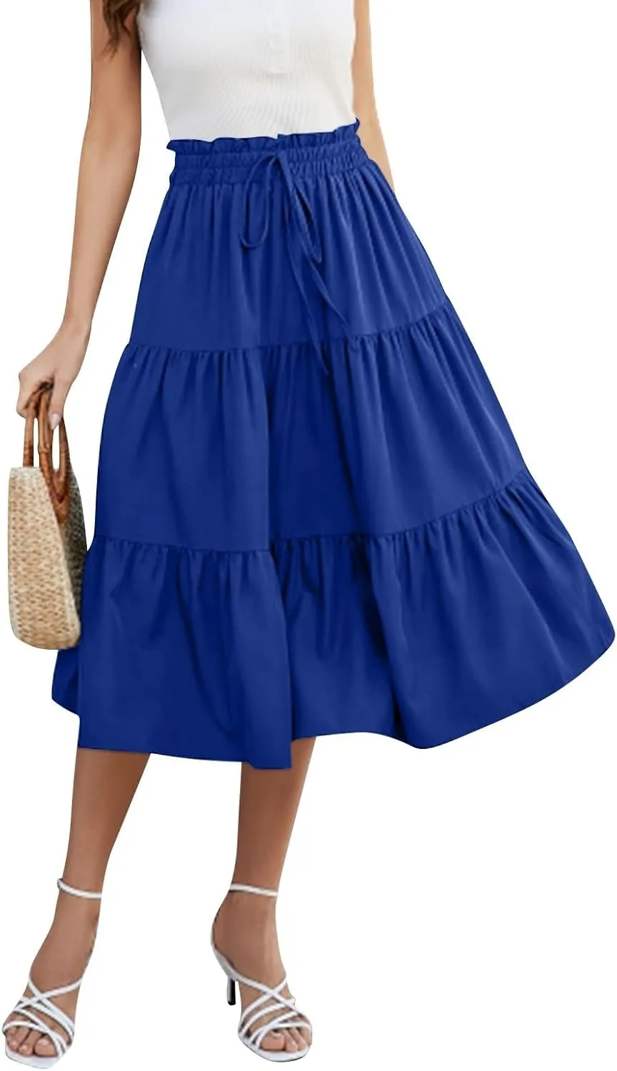 Floral Midi Skirts for Women Casual Swing Tiered A-Line Flowy Long Skirt Loose Comfy Elastic High Waisted Y2k Skirts