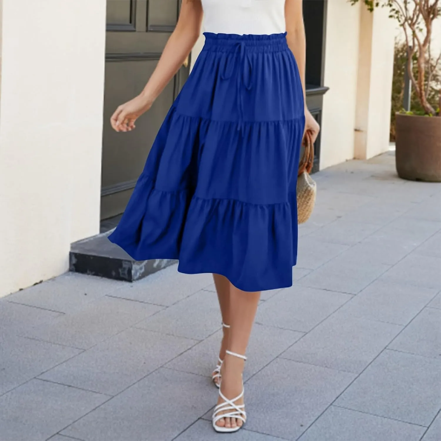 Floral Midi Skirts for Women Casual Swing Tiered A-Line Flowy Long Skirt Loose Comfy Elastic High Waisted Y2k Skirts