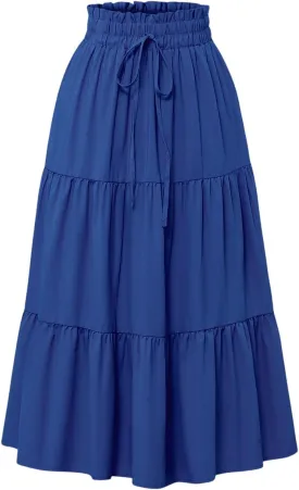 Floral Midi Skirts for Women Casual Swing Tiered A-Line Flowy Long Skirt Loose Comfy Elastic High Waisted Y2k Skirts