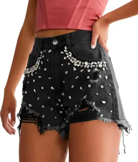 Kedera Women's Rhinestone Denim Shorts Jeans Shorts with Rhinestones High Waist Stretch Shorts Frayed Ripped Denim Shorts