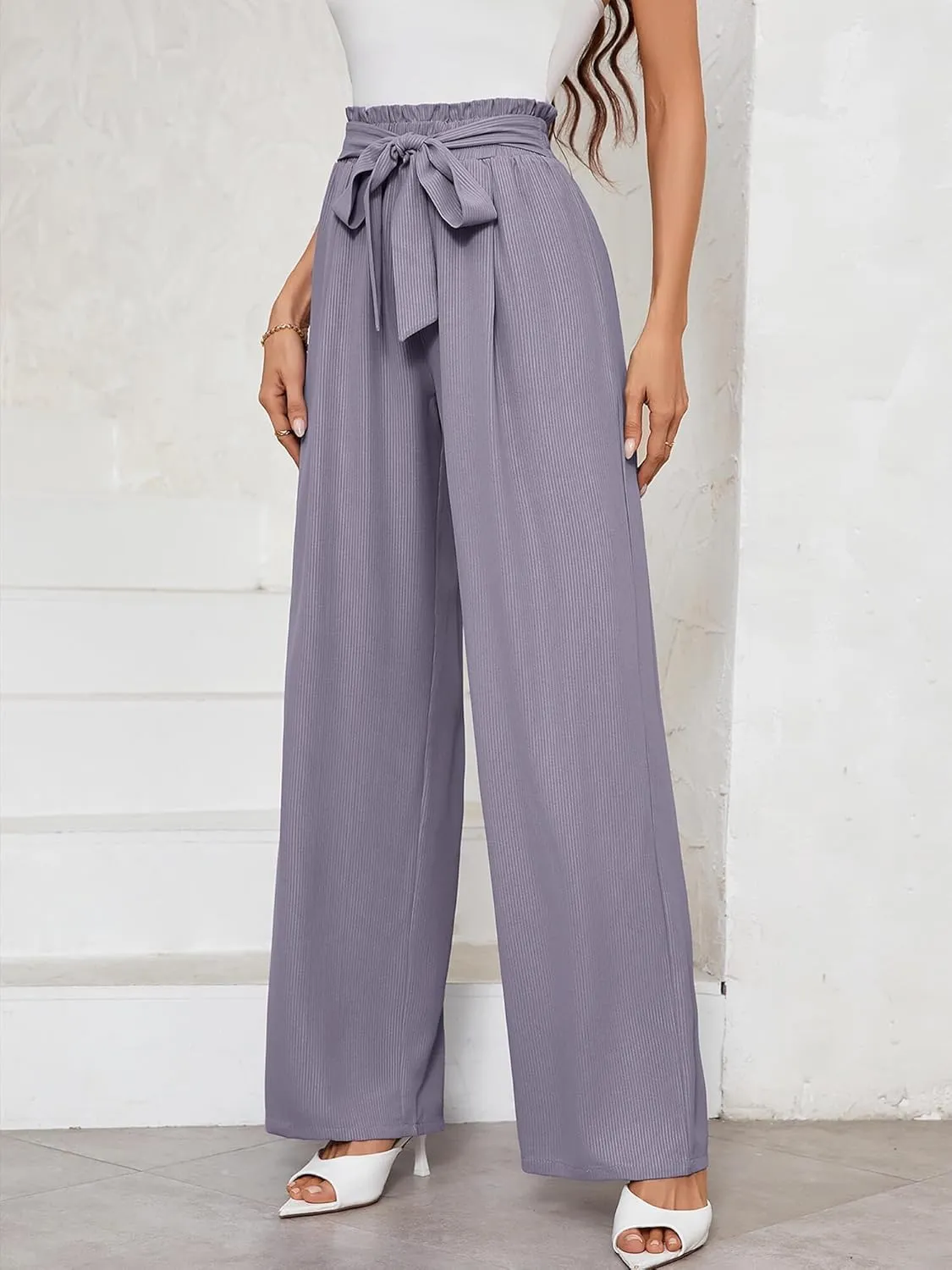 KORSIS Women's Pants Wide Leg Lounge High Waisted Causal Flowy Work Elastic Trousers with Pockets