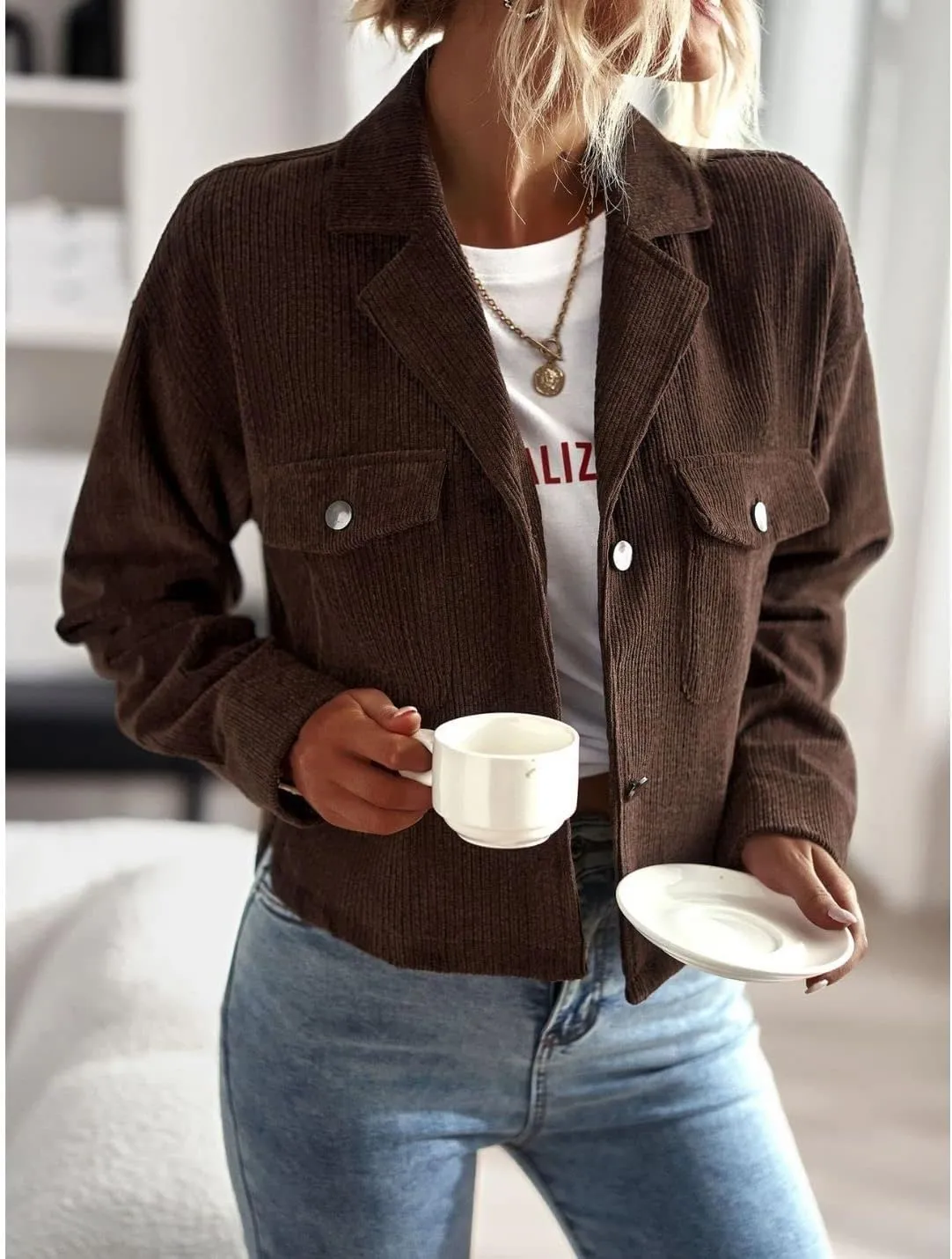 Kwoki Women's Corduroy Jackets Casual Long Sleeve Button Down Shirt Jacket Shacket Fashion Trendy Blazer Tops with Pockets