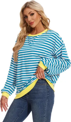 LOZ Women Striped Oversized Sweatshirt Long Sleeve Crewneck Hoodies Shirts Pullover Top Trendy Clothes with Pockets