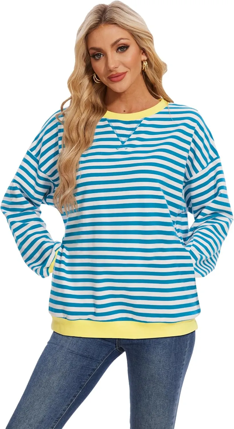 LOZ Women Striped Oversized Sweatshirt Long Sleeve Crewneck Hoodies Shirts Pullover Top Trendy Clothes with Pockets