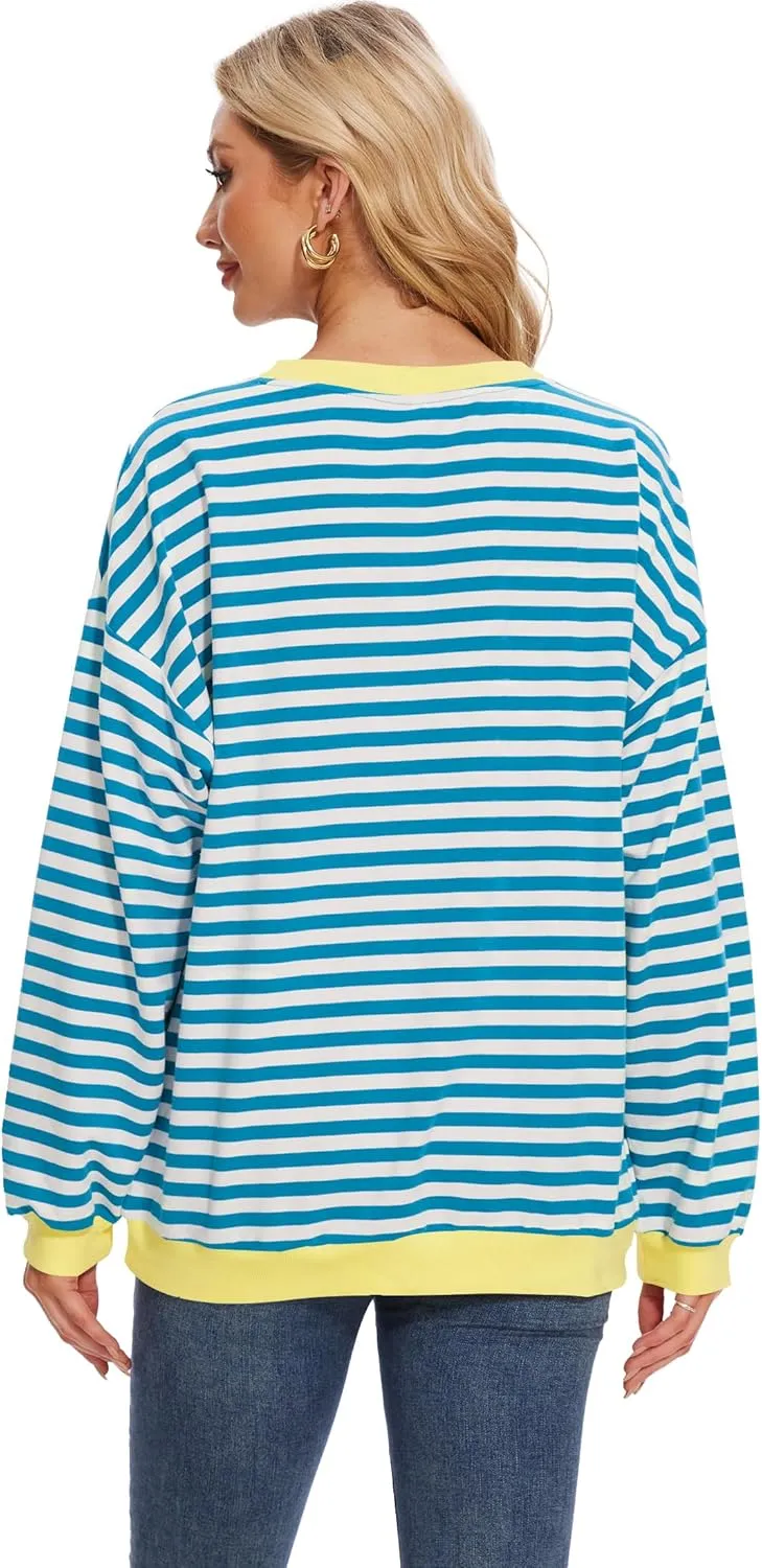 LOZ Women Striped Oversized Sweatshirt Long Sleeve Crewneck Hoodies Shirts Pullover Top Trendy Clothes with Pockets
