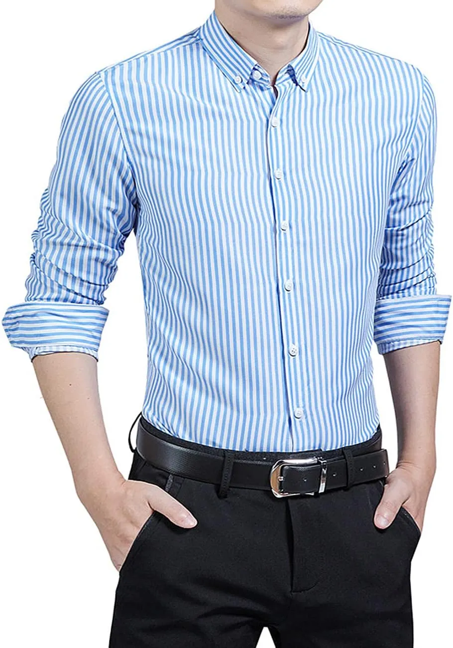 Men's Long Sleeve Dress Shirts Casual Business Vertical Striped Button Down Slim Fit Shirts