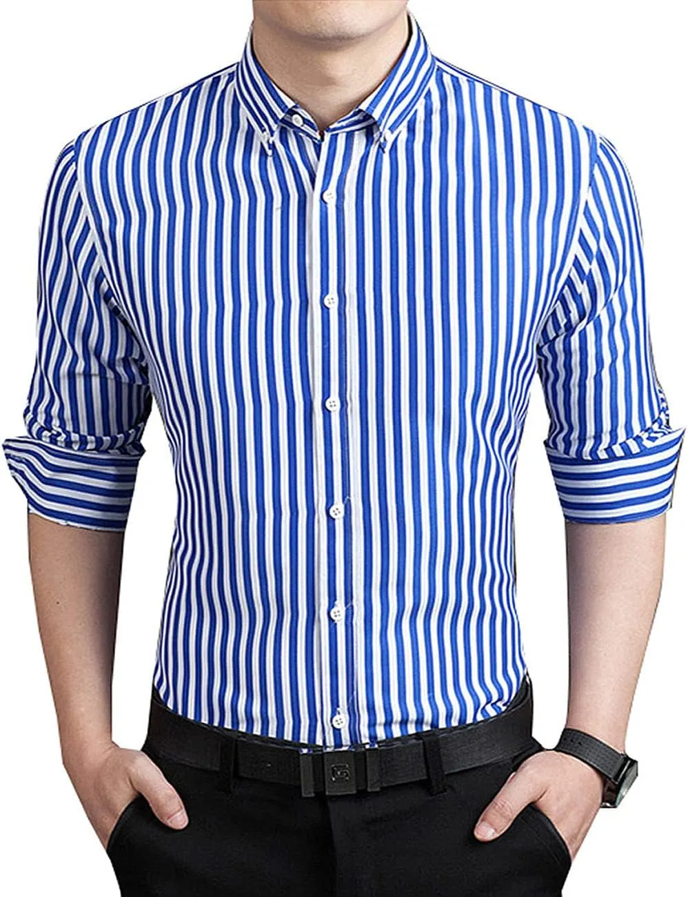 Men's Long Sleeve Dress Shirts Casual Business Vertical Striped Button Down Slim Fit Shirts