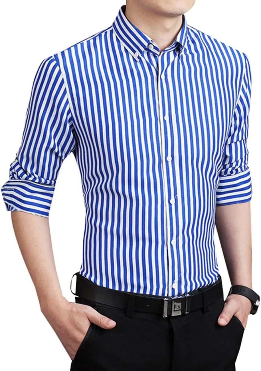 Men's Long Sleeve Dress Shirts Casual Business Vertical Striped Button Down Slim Fit Shirts
