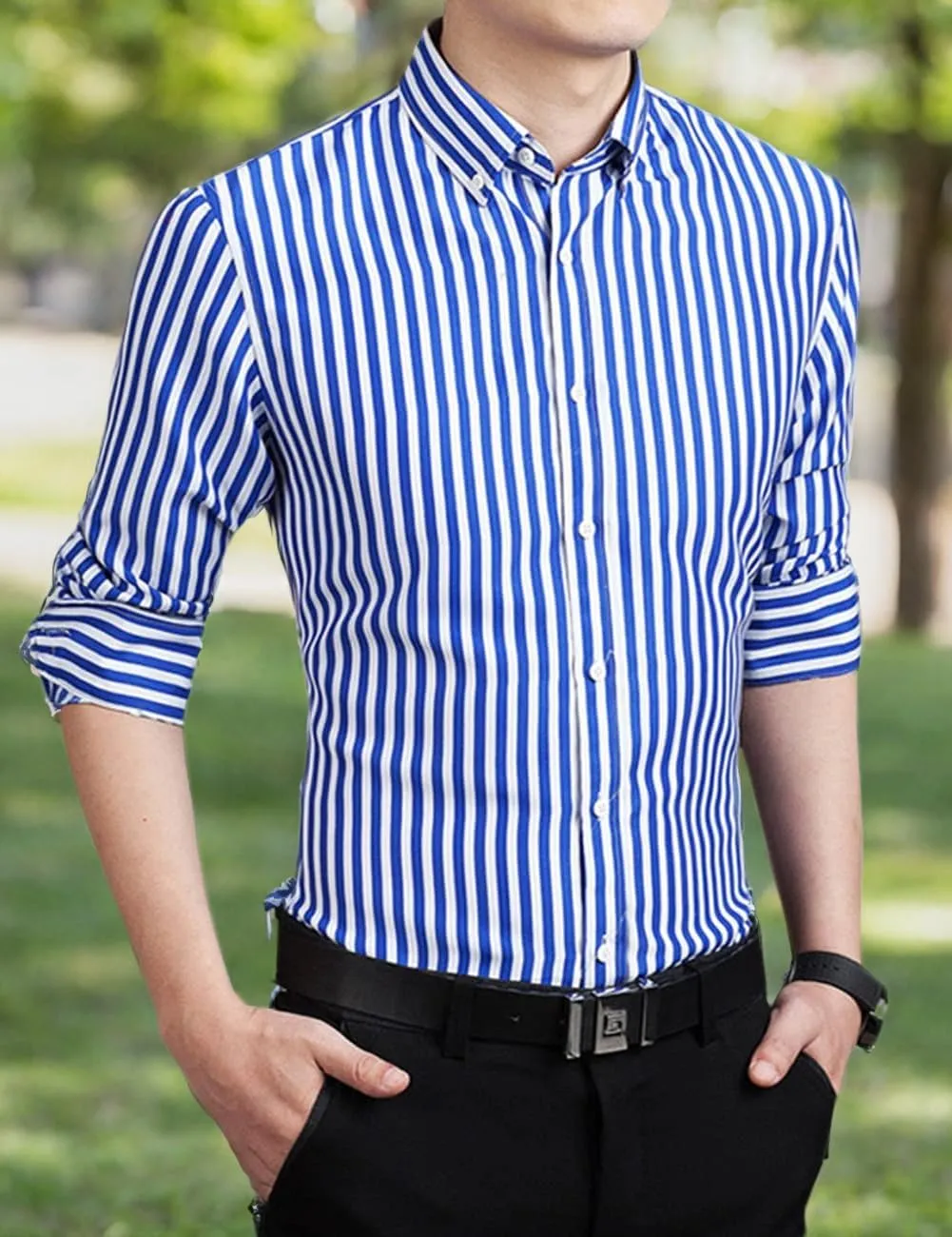 Men's Long Sleeve Dress Shirts Casual Business Vertical Striped Button Down Slim Fit Shirts