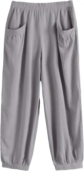 Minibee Women's Cotton Linen Tapered Cropped Pants Elastic Waist Trousers
