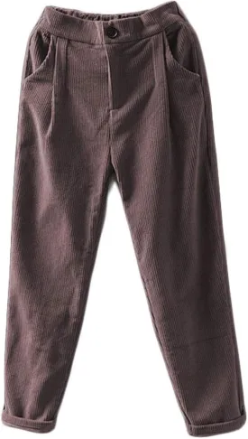 Minibee Women's Cropped Corduroy Pants Elastic Waist Retro Trouser with Pockets