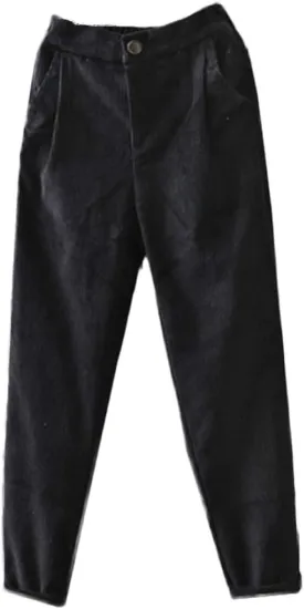 Minibee Women's Cropped Corduroy Pants Elastic Waist Retro Trouser with Pockets