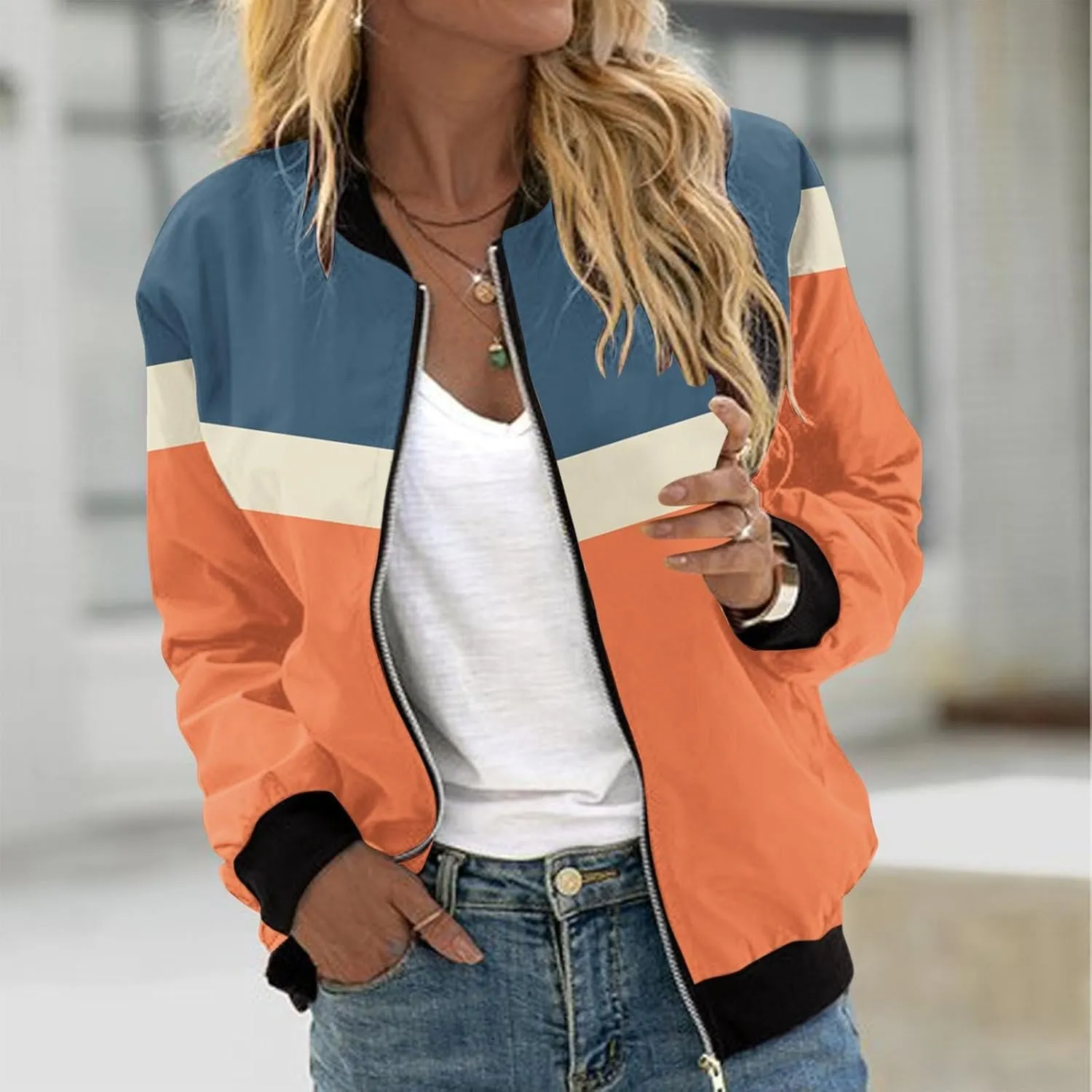 Mmoneyake Fall Jackets for Women 2024 Color Block Zip Up Bomber Jacket Casual Coat Stand Collar Lightweight Short Outwear Top