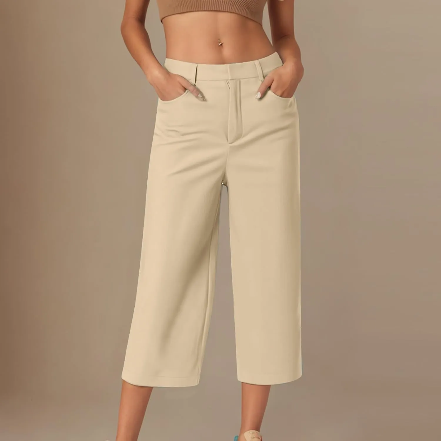 NaRHbrg Capri Pants for Women High Waisted Wide Leg Palazzo Trousers Solid Causal Dressy Pants Loose Lounge Pant with Pockets