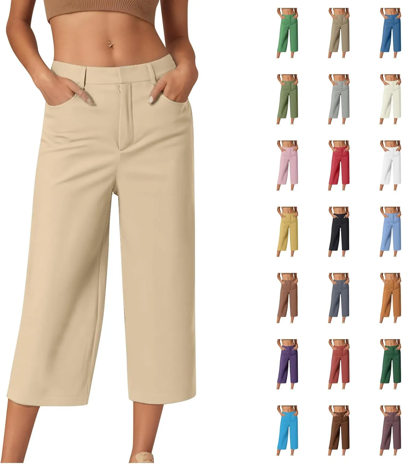 NaRHbrg Capri Pants for Women High Waisted Wide Leg Palazzo Trousers Solid Causal Dressy Pants Loose Lounge Pant with Pockets