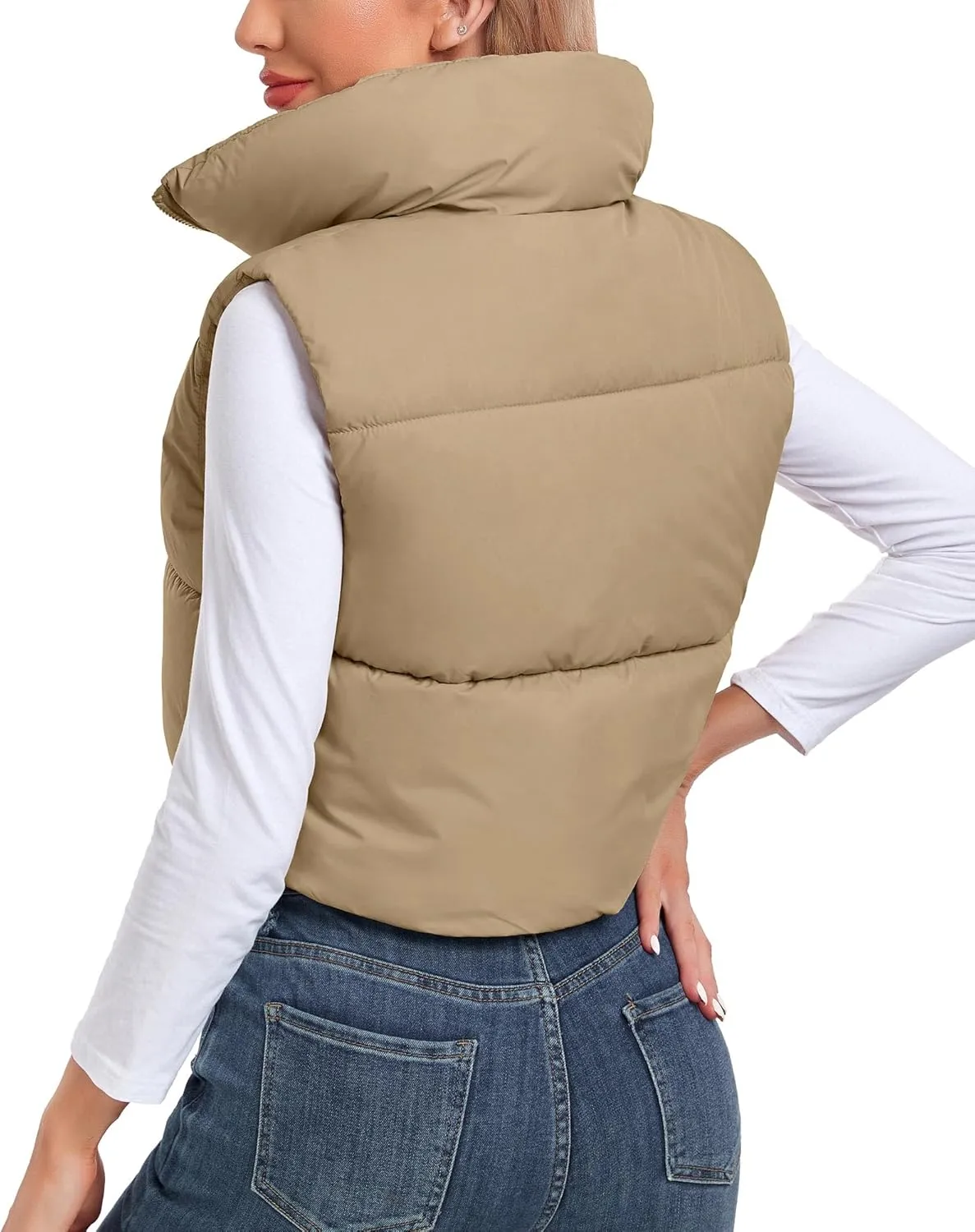 Polu Women's Cropped Puffer Vest Jacket Sleeveless Winter High Stand Collar Lightweight Vest for Women with Zip Gilet