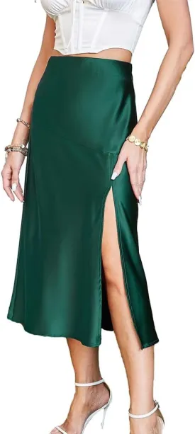 Satin Midi Skirts for Women High Waisted Casual Sexy Pencil Silk Skirt with Slit