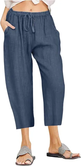 SMIDOW Cotton Linen Wide Leg Pants for Women Casual Summer Drawstring Elastic Waist Capris Loose Cropped Trouser with Pockets