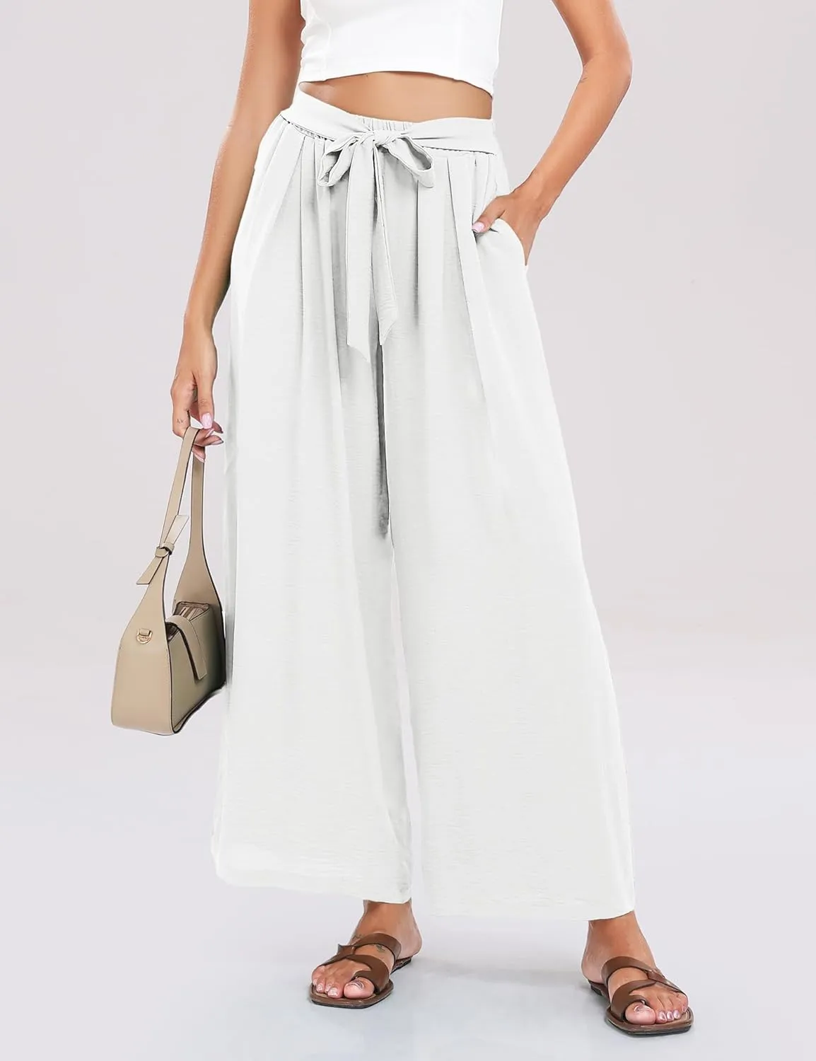 Summe Wide Leg Dress Pants for Women High Waisted Palazzo Casual Work Pants Beach Trousers with Pocket