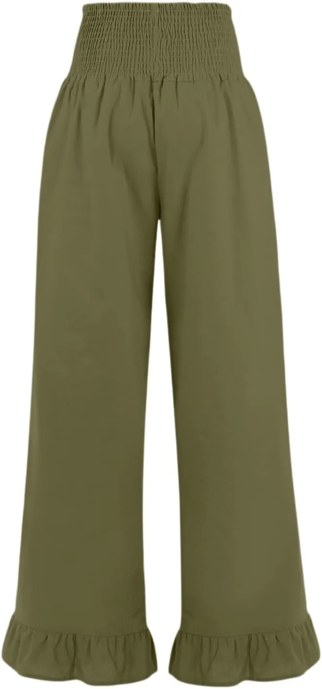 Wide Leg Linen Pants for Women High Waisted Ruffle Hem Palazzo Pants Boho Summer Casual Loose Flowy Pant Trousers