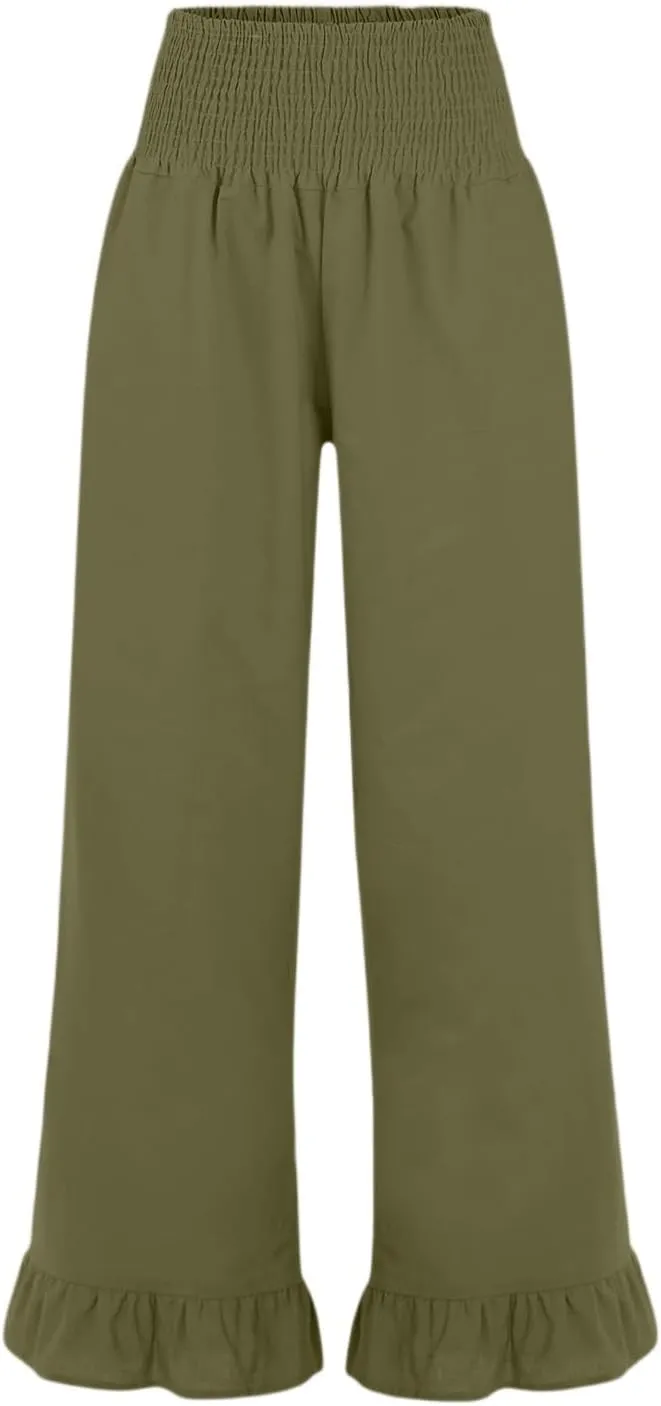 Wide Leg Linen Pants for Women High Waisted Ruffle Hem Palazzo Pants Boho Summer Casual Loose Flowy Pant Trousers