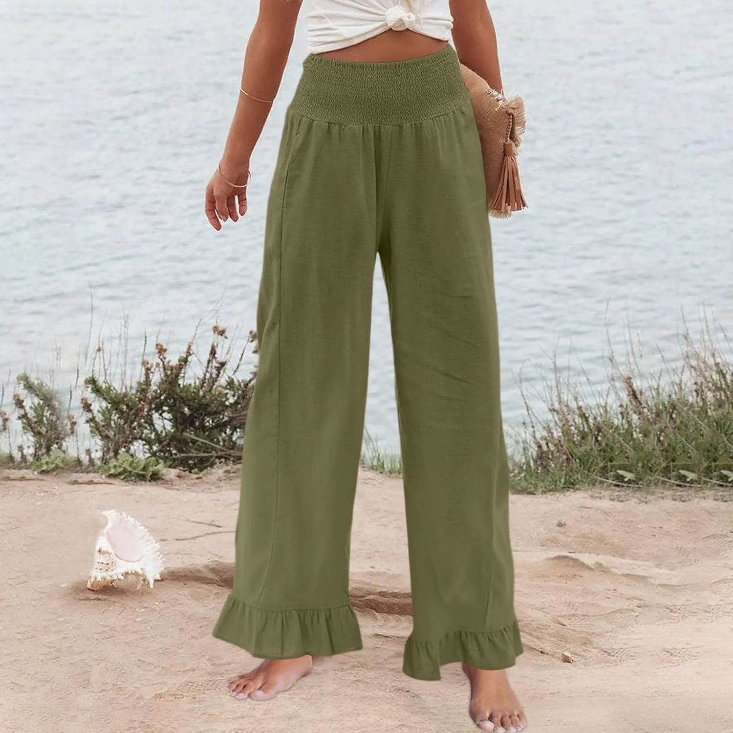 Wide Leg Linen Pants for Women High Waisted Ruffle Hem Palazzo Pants Boho Summer Casual Loose Flowy Pant Trousers
